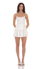Satin Jacquard Ruffle Dress in White