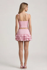 Layered Ruffled Low-Rise Mini Skirt in Soft Pink