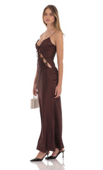 Satin Cutout Ties Maxi Dress in Brown