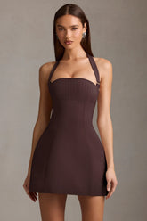 Pinstripe Halterneck Structured A-Line Mini Dress in Chocolate Brown