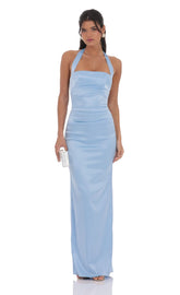 Satin Halter Maxi Dress in Light Blue