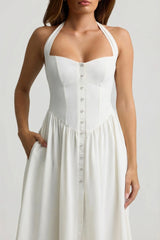 Button-Detail Halterneck Midaxi Dress in White
