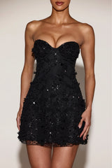 Embellished Bandeau A-line Mini Dress in Black