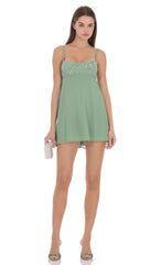 Beaded Bust Babydoll Mini Dress in Sage