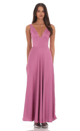 Satin Plunge Neck Corset Maxi Dress in Mauve