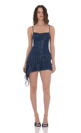 Foil Mesh Tassel Dress in Blue