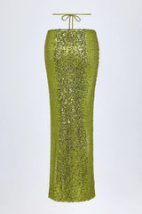 Embellished Hardware-Detail Strappy Maxi Skirt in Olive Green