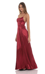 Satin Double Slit Maxi Dress in Deep Red