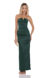 Satin V-Strapless Maxi Dress in Green