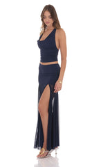 Mesh Fishtail Maxi Skirt in Navy