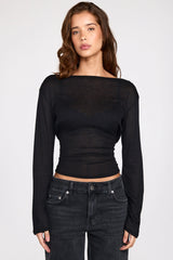 Sheer Jersey Long-Sleeve Backless Top in Black