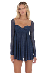 Foil Long Sleeve Babydoll Dress in Navy