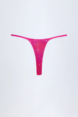 Embellished Thong Bikini Bottoms in Pink Tropical Print