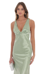 Satin V-Neck Maxi Dress in Sage