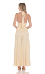Halter Ruched Cinched Maxi Dress in Beige