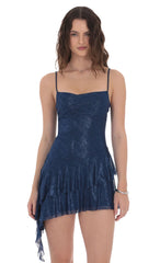 Foil Mesh Tassel Dress in Blue