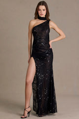 Premium Sequin Lace Scarf-Detail Maxi Dress in Black