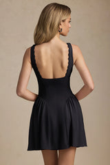Scallop-Trim A-Line Mini Dress in Black