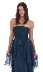 Corset Petal Ruffle Strapless Maxi Dress in Navy
