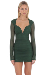 Rhinestone Mesh Long Sleeve Mini Dress in Green