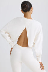 Textured Cotton Jersey Open-Back Cropped Sweatshirt in White