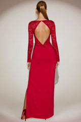 Lace Scalloped Plunge-Neck Maxi Dress in True Red