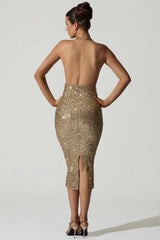 Embellished Cut-Out Open-Back Midaxi Dress in Gold