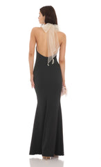 Mock Neck Bow Maxi Dress in Black