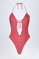 Ruffled Cut-Out Halterneck Swimsuit in Red Gingham
