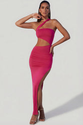 Asymmetric Neckline Ruched Cut Out Maxi Dress in Fuchsia