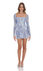 Sequin Pattern Long Sleeve Dress in Blue