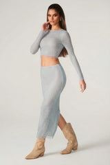 Embellished Low Rise Maxi Skirt in Aqua
