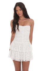 Lace Strapless Ruched Ruffle Dress in White
