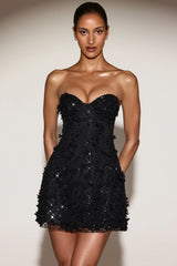 Embellished Bandeau A-line Mini Dress in Black