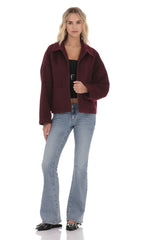 Fuzzy Zip-Up Jacket in Burgundy