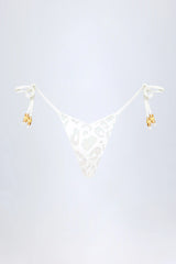Side-Tie Bead Thong Bikini Bottoms in White Leopard Hotfix