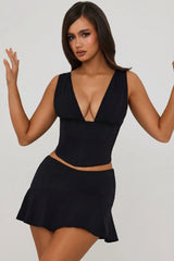 Mid-Rise Godet A-Line Mini Skirt in Black