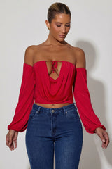 Off-Shoulder Draped Balloon-Sleeve Top in Red