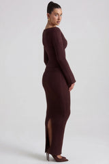 Ribbed-Knit Foldover Maxi Skirt in Espresso