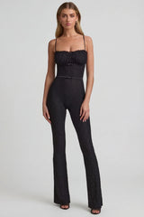 Bow-Detail Lace Flared Jumpsuit in Black