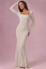 Premium Lace Long-Sleeve Maxi Dress in Ivory