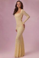 Premium Lace Long-Sleeve Maxi Dress in Butter Yellow