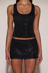 Embellished Jersey Scoop-Neck Racerback Top in Black