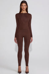 Embellished Jersey High-Waisted Leggings in Chocolate Brown