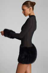 Faux Fur-Trim Turtleneck Mini Dress in Black