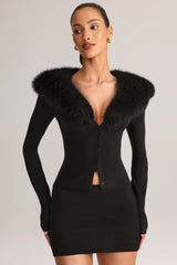 Knit Faux Fur-Trim Cardigan in Black