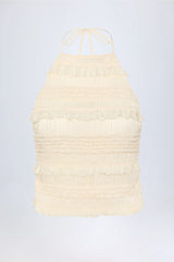 Ruffled High-Neck Backless Top in Ivory