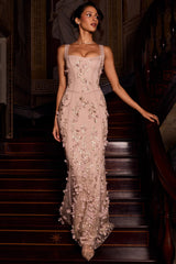 Embellished Appliqué Soft-Scoop Corset Gown in Gold