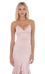 Satin Ruffle Fishtail Maxi Dress in Pink