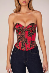 Bandeau Lace-Up Corset Top in Rose Leopard Print